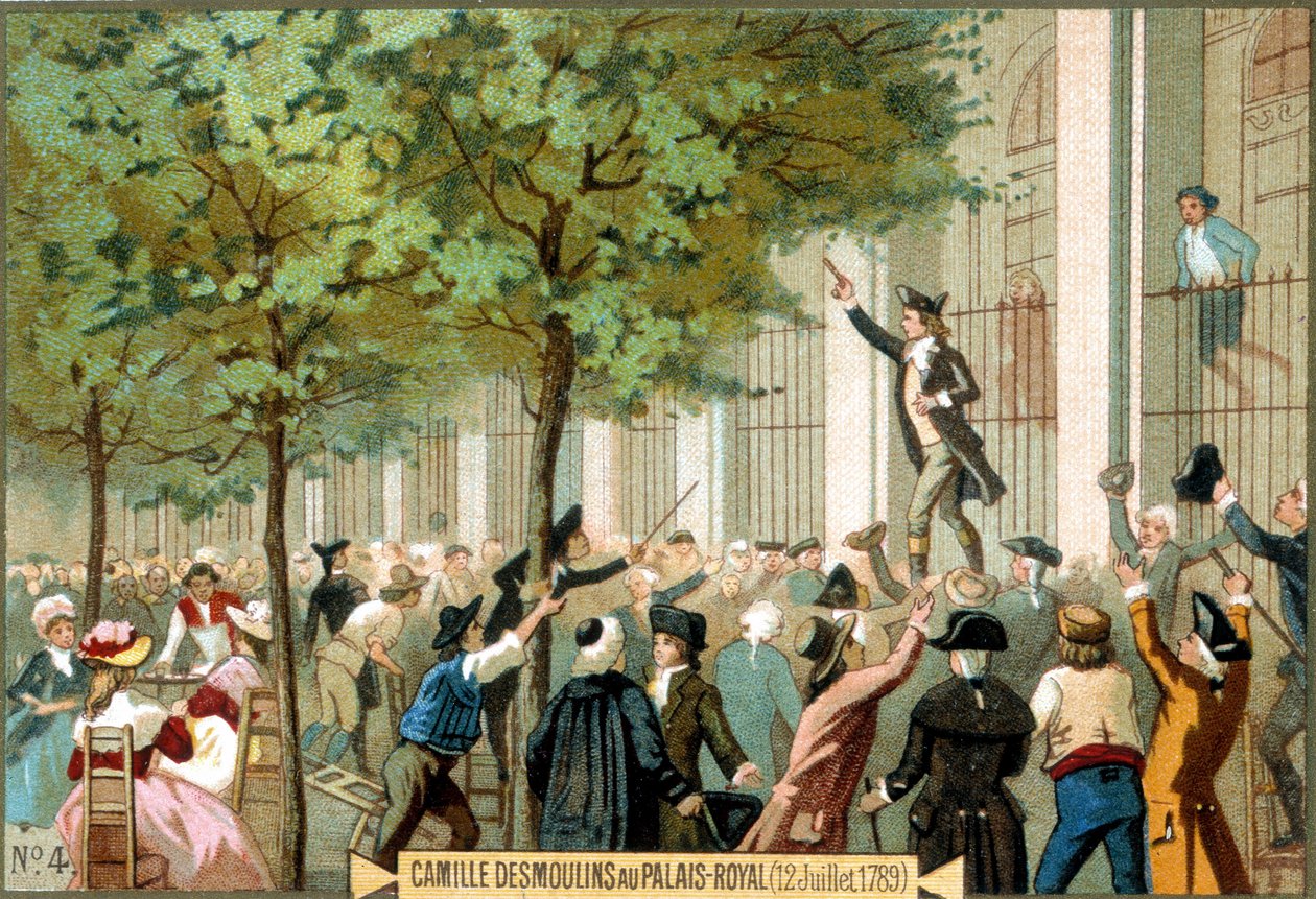 Camille Desmoulins no Palais Royal (07/12/1789). Cromolitografia do século XIX. - Revolução Francesa/Camille Desmoulins pede uma tempestade na Bastilha, Paris de Unknown artist