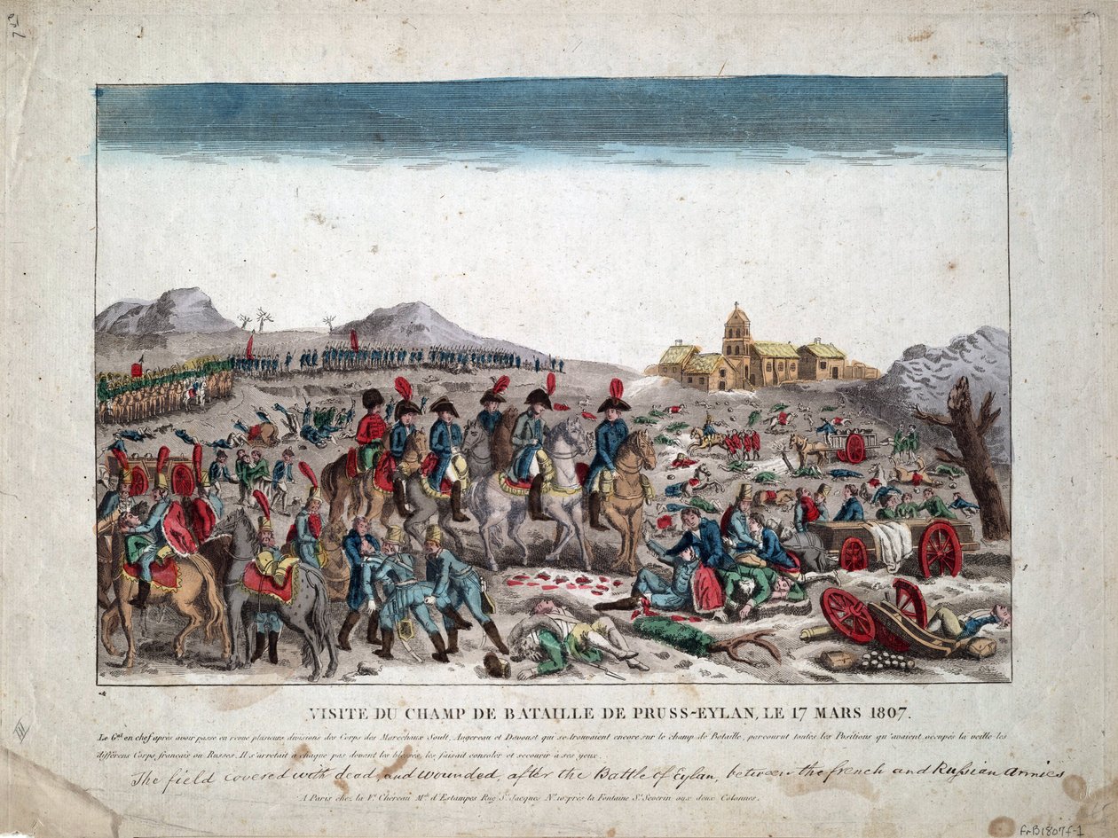 Campanha Prussiana e Polaca (1806-1807) "Napoleão I no campo de batalha de Eylau em 9/02/1807" - No campo de batalha de Eylau - Anônimo - 1807 - Gravura, aguarela - 33,4x44,5 - Coleção Privada de Unknown artist