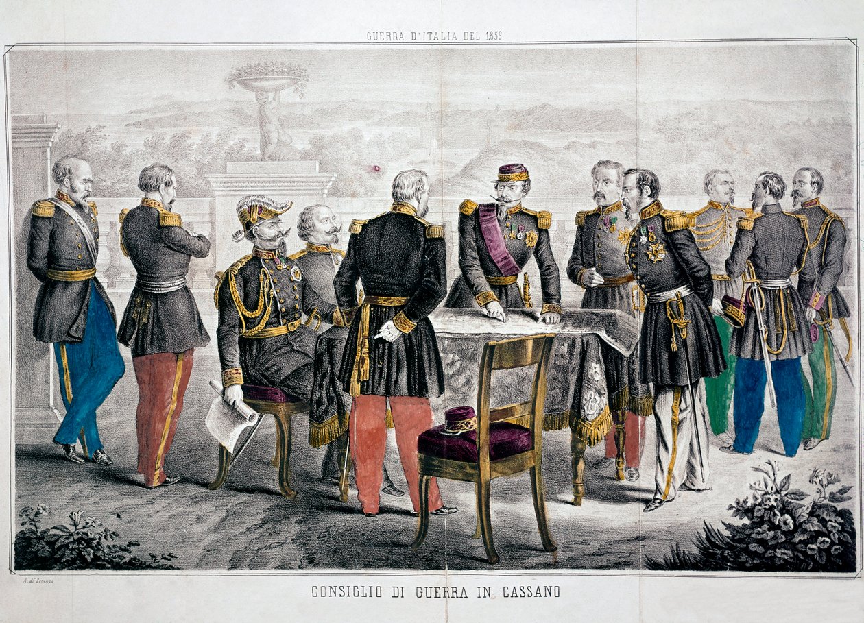 Campanha da Itália 1859: Conselho de Guerra de Cassano, que assiste à reunião de Vittorio Emanuele II (Victor-Emmanuel ou Victor Emmanuel) e do Imperador Napoleão III. Coleção Particular de Unknown artist