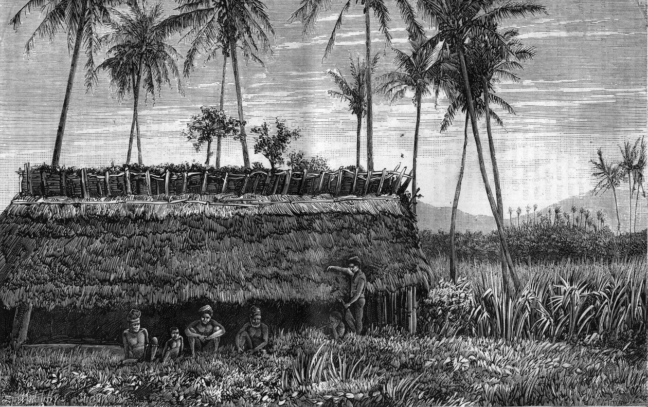 Canaques da Nova Caledônia (Nova Caledônia) em frente a uma caixa ou a uma casa de reunião. Gravura em "La Nature" (A Natureza) de Unknown artist