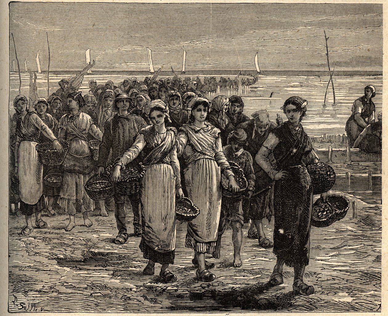 Cancale - Brittany - Les cancalaises au retour des bateau de fishing - - gravura em "PATRIE" - DESCRIPTION PECTUREQUIREQUE DE LA FRANCE EN 6 VOLUES BY LUCIEN HUARD - final do século XIX de Unknown artist