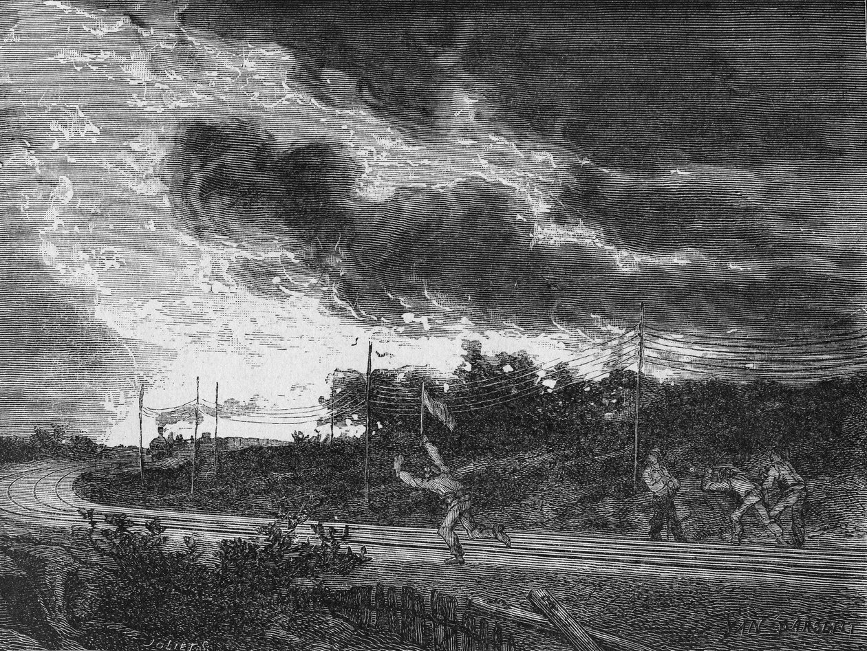 Cantonnier fazendo o sinal de alarme e correndo na frente de um trem para evitar acidentes. In" Album de la Science", Éditions Jouvet de Unknown artist