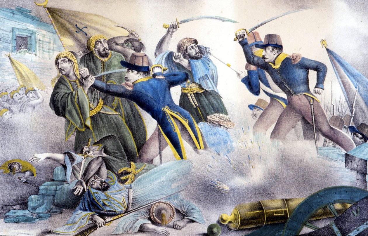 Captura de Constantino na Argélia, em 1837, pelo Marechal Valée. Litografia a cores do século XIX. de Unknown artist