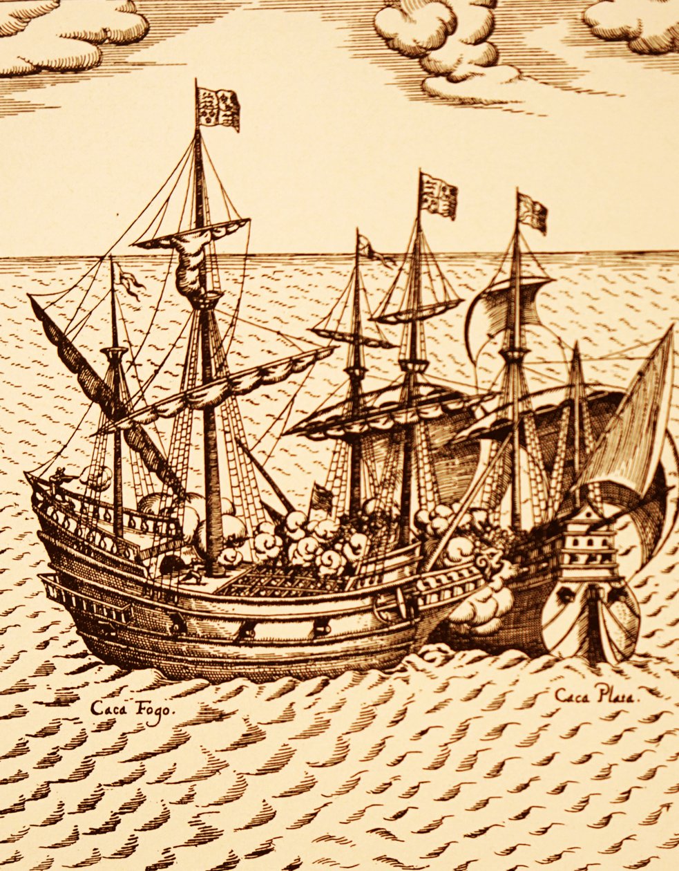 Captura do galeão espanhol Cagafuego pelo Golden Hind liderado por Francis Drake em Março de 1579 (gravura) de Unknown artist