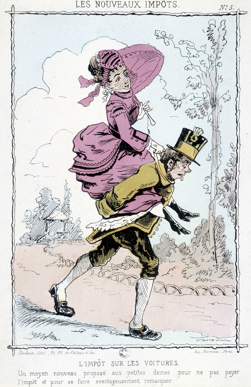 Imposto automóvel: "uma nova forma de as senhoras pequenas não pagarem impostos e serem vantajosamente notadas" - caricatura sobre "novos impostos". de Unknown artist