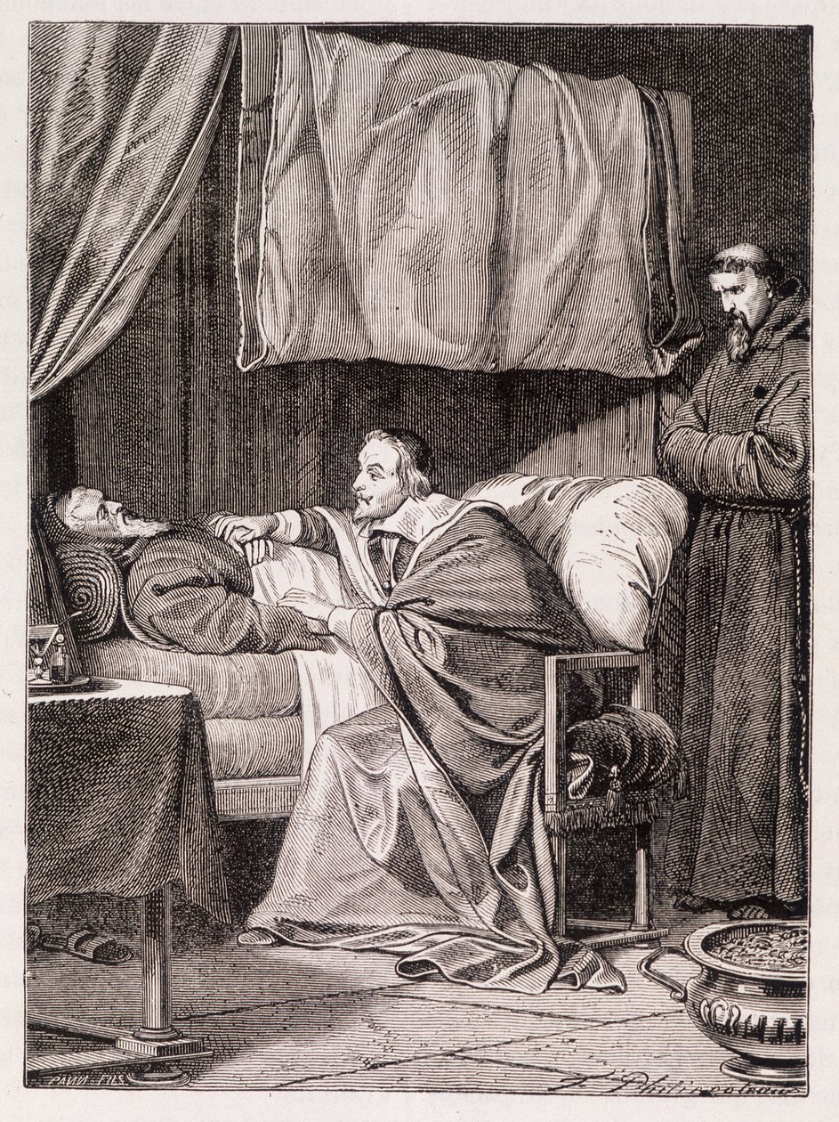 Cardeal Richelieu no leito da morte do Padre José - gravura de Unknown artist