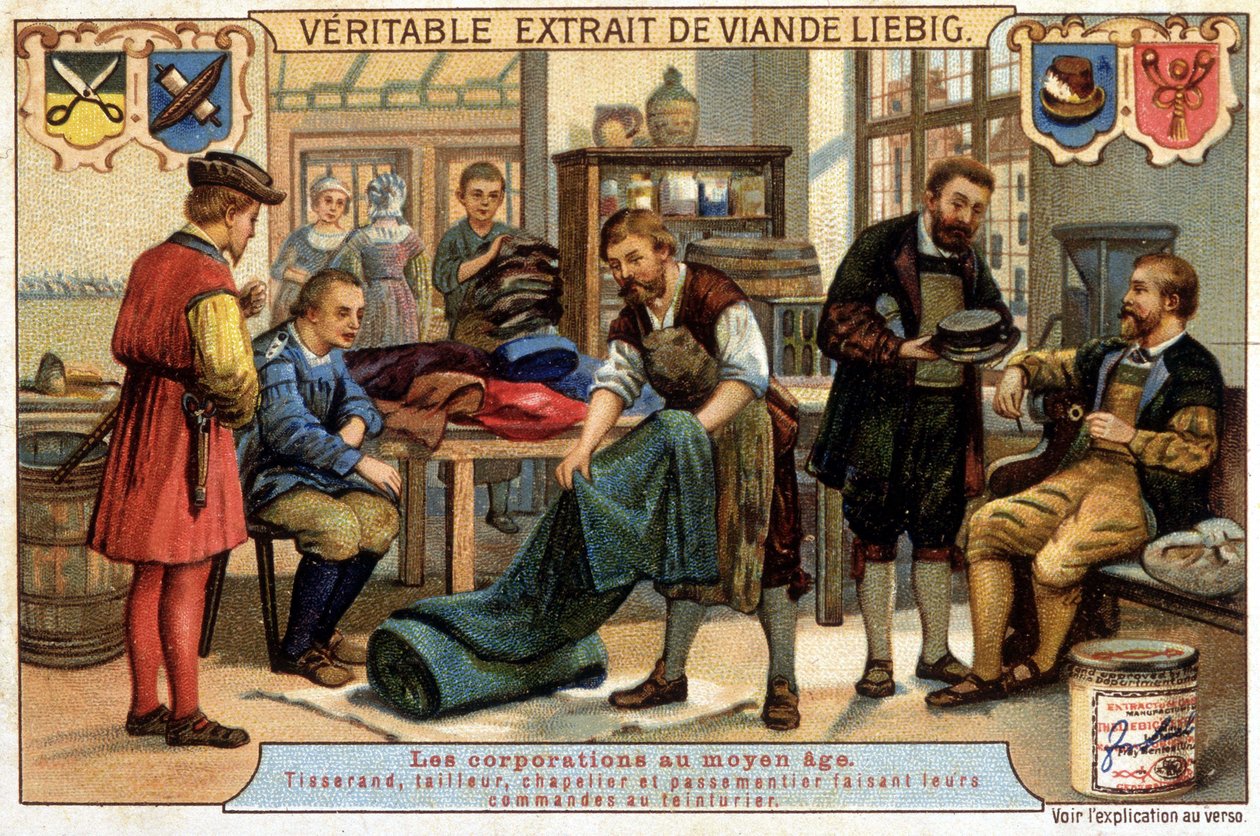Carreiras na Idade Média: tecelão, alfaiate, chapeleiro e pasteleiro encomendando a lavandaria - chromo Liebig de Unknown artist
