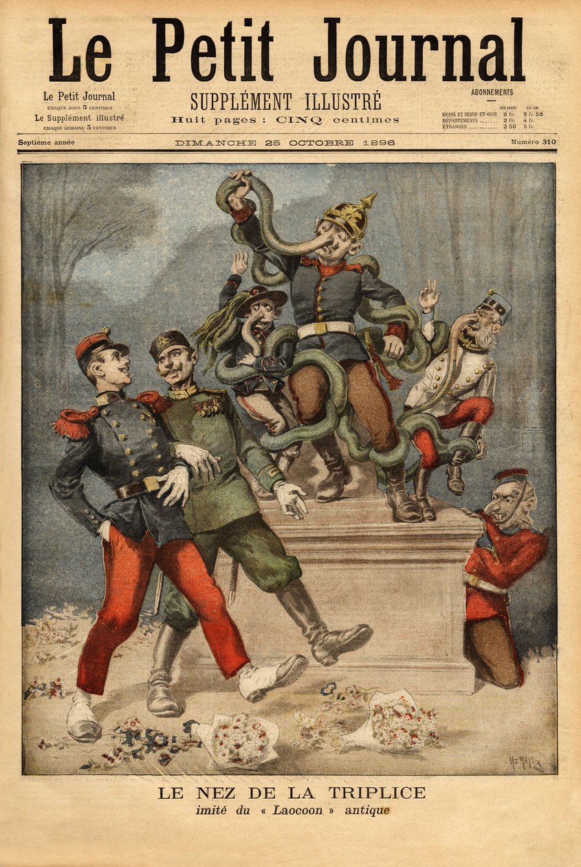 Alegoria caricatural sobre a triplicação ou tripla aliança entre Alemanha, Áustria-Hungria e Itália, vendo a outra aliança europeia passar, França com a Rússia. Gravura no "Le petit journal" 25/10/1896. A coleção de Selva. de Unknown artist