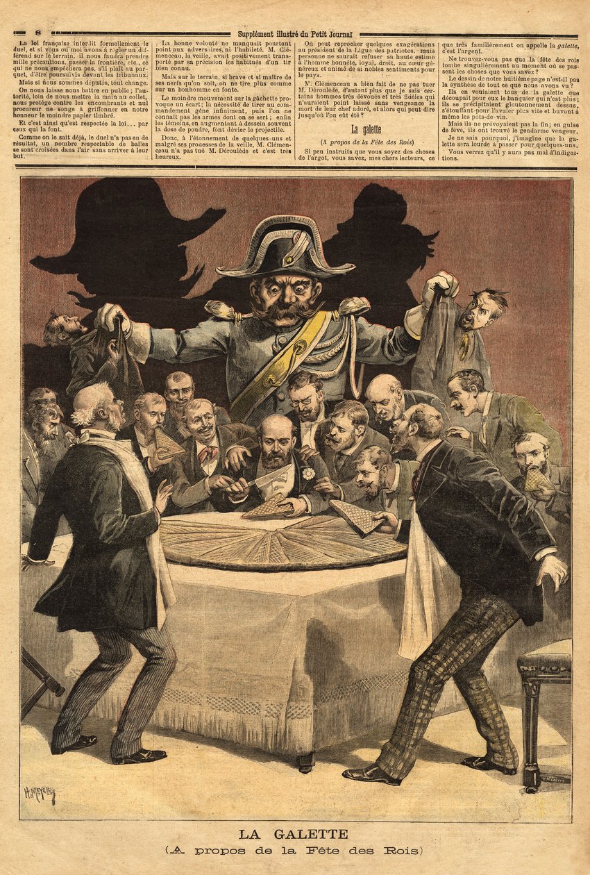 Caricatura da ilustração "la galette", sobre a festa dos reis, onde o banqueiro corta o bolo, todos se precipitaram para ter uma parte e encontraram em vez de uma festa o gendarme. Gravura em "Le petit journal" 7/01/1893. A colecção da Selva. de Unknown artist