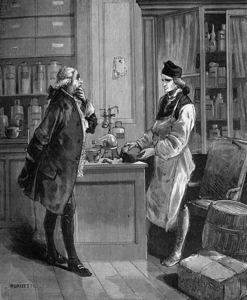 Carl William (Guillaume) Scheele (1742 -1788), químico sueco em seu laboratório com Tobern Bergmann 1735-1784 químico. de Unknown artist