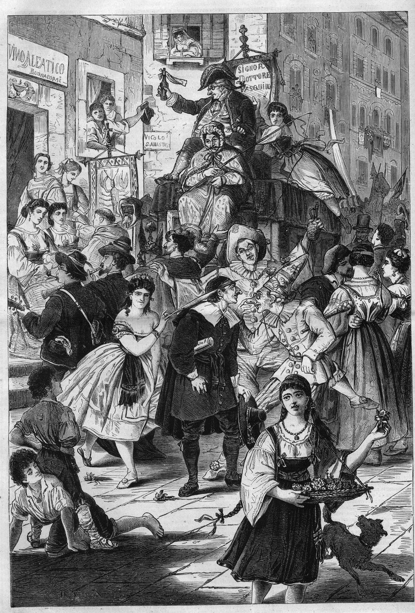 Carnaval em Roma: o passeio do costume romano do Dr. Pasquin. Ele oferece às senhoras das varandas os seus elixires. Gravura em "O Universo Ilustre". de Unknown artist
