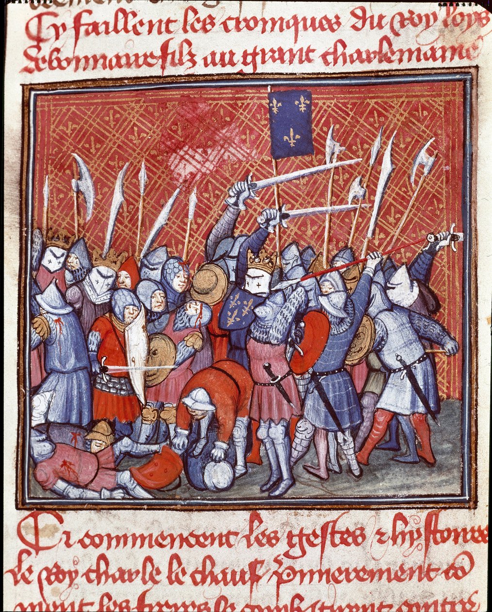 Dinastia Carolíngia: "Rei carolíngio Carlos II diz que o careca (823-877) durante uma batalha" Miniatura tirada de "Les grandes Chronicles de France" Chantilly do século XIV, Musee Conde de Unknown artist