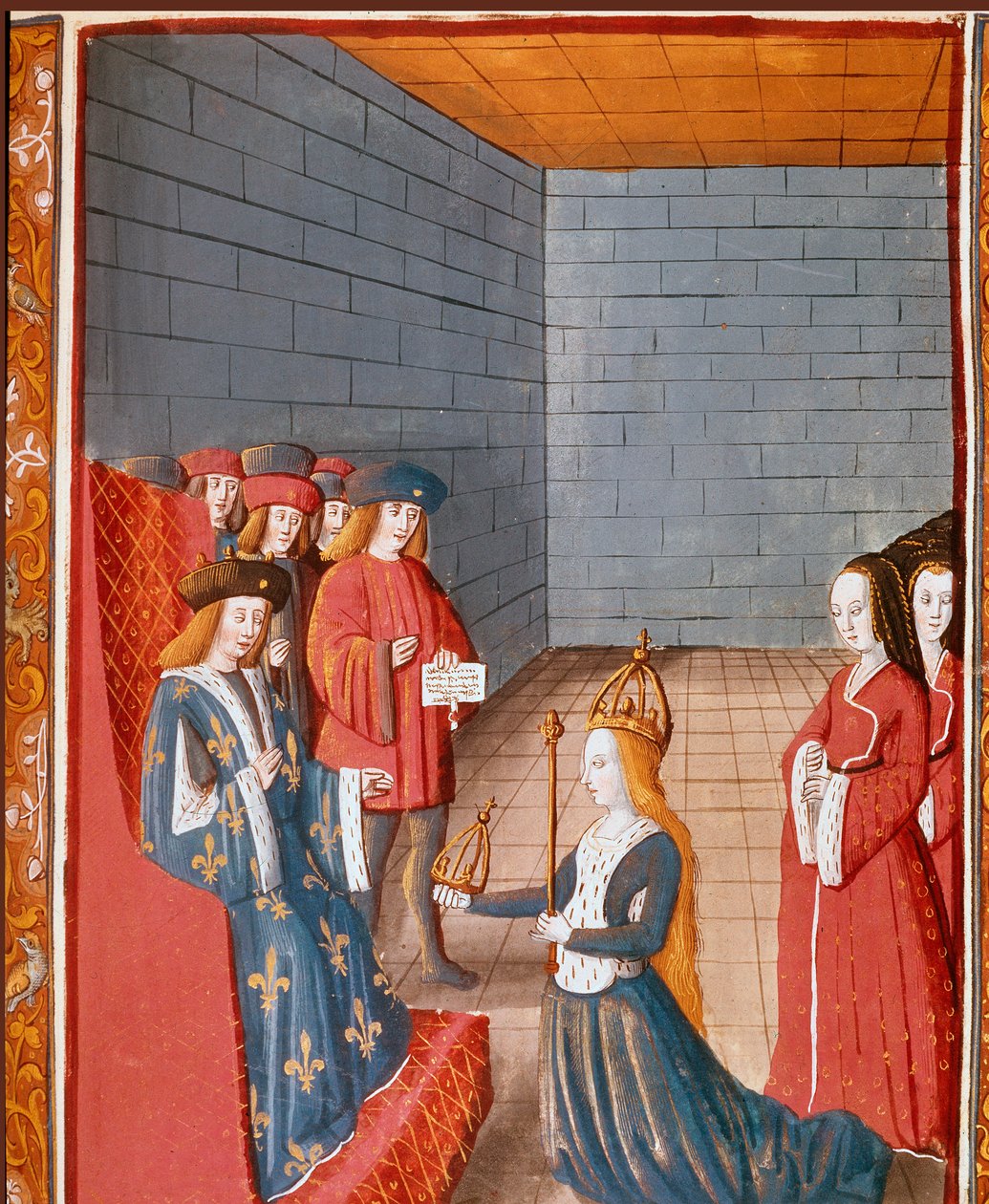 Dinastia Carolíngia: "O rei carolíngio Carlos II diz que o careca (823-877) toma a cabeça do império ocidental na morte de seu pai Luís o Pio em 840" Miniatura tirada de "Les grandes Chronicles de France" Turim do século 15, Turim nacional li de Unknown artist