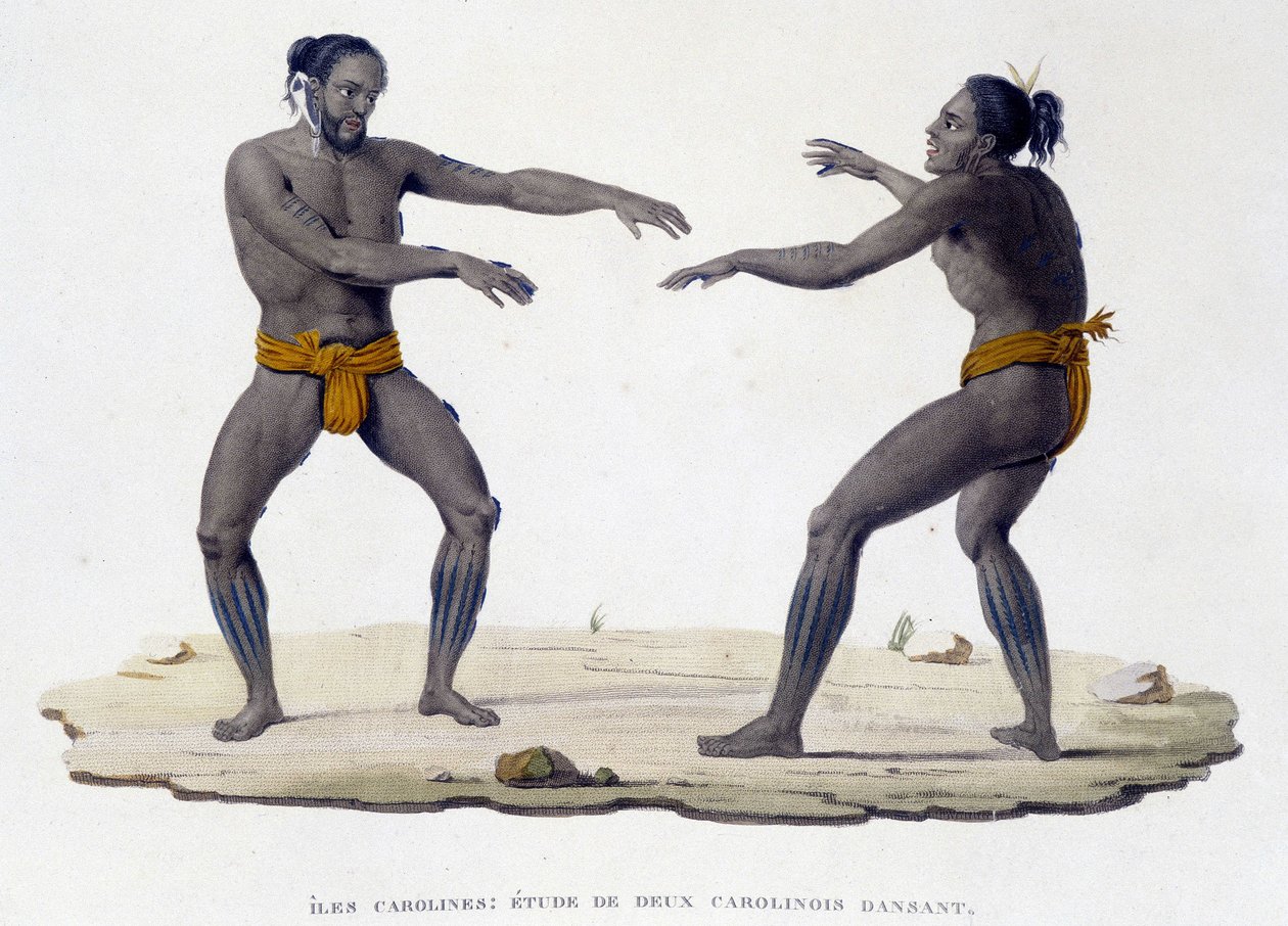 Homens carolinianos dançando (Ilhas Carolinianas, Oceania). de Unknown artist