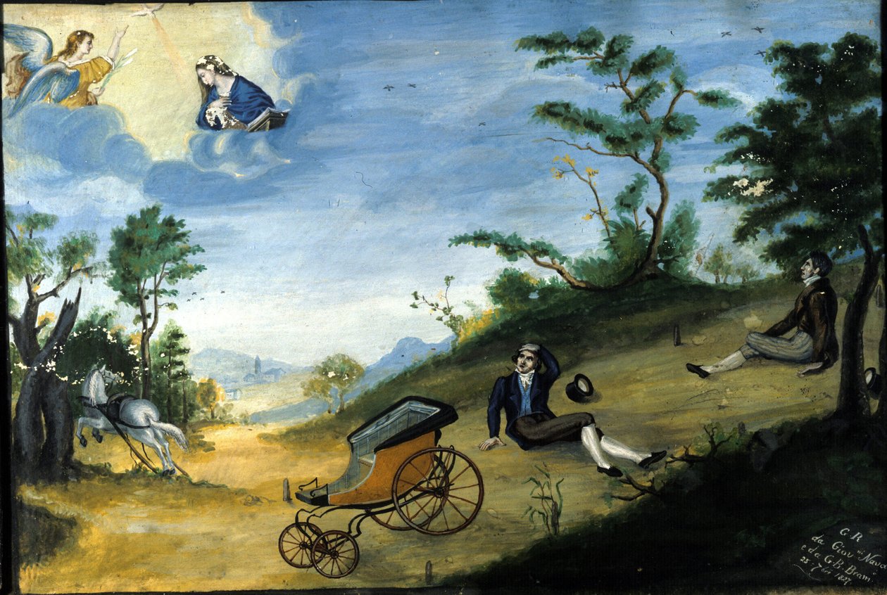 Acidente de viação. Ex voto de 1827 do santuário da Madonna delle Grazie em Monza. de Unknown artist