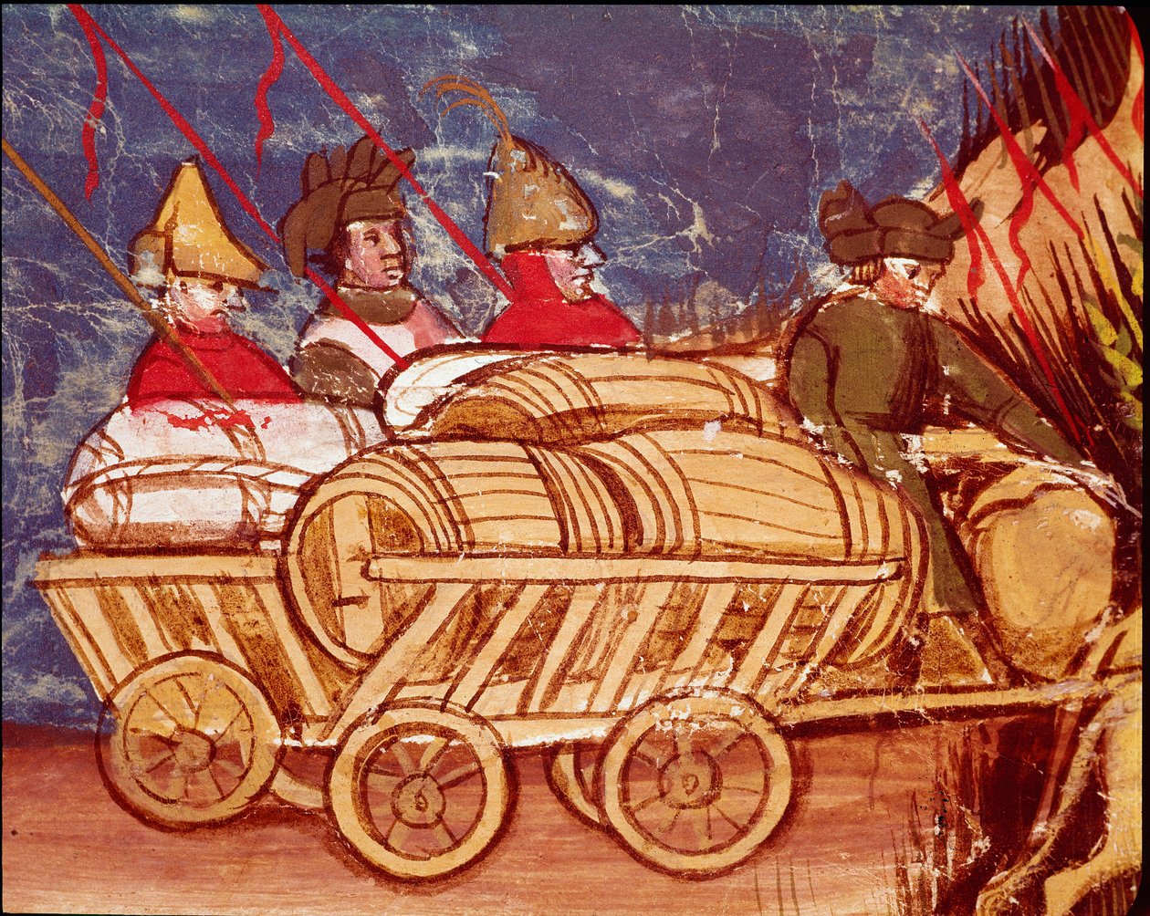 Transporte de barris e comida em carrinhos. Miniatura do Codex "The Entrée d