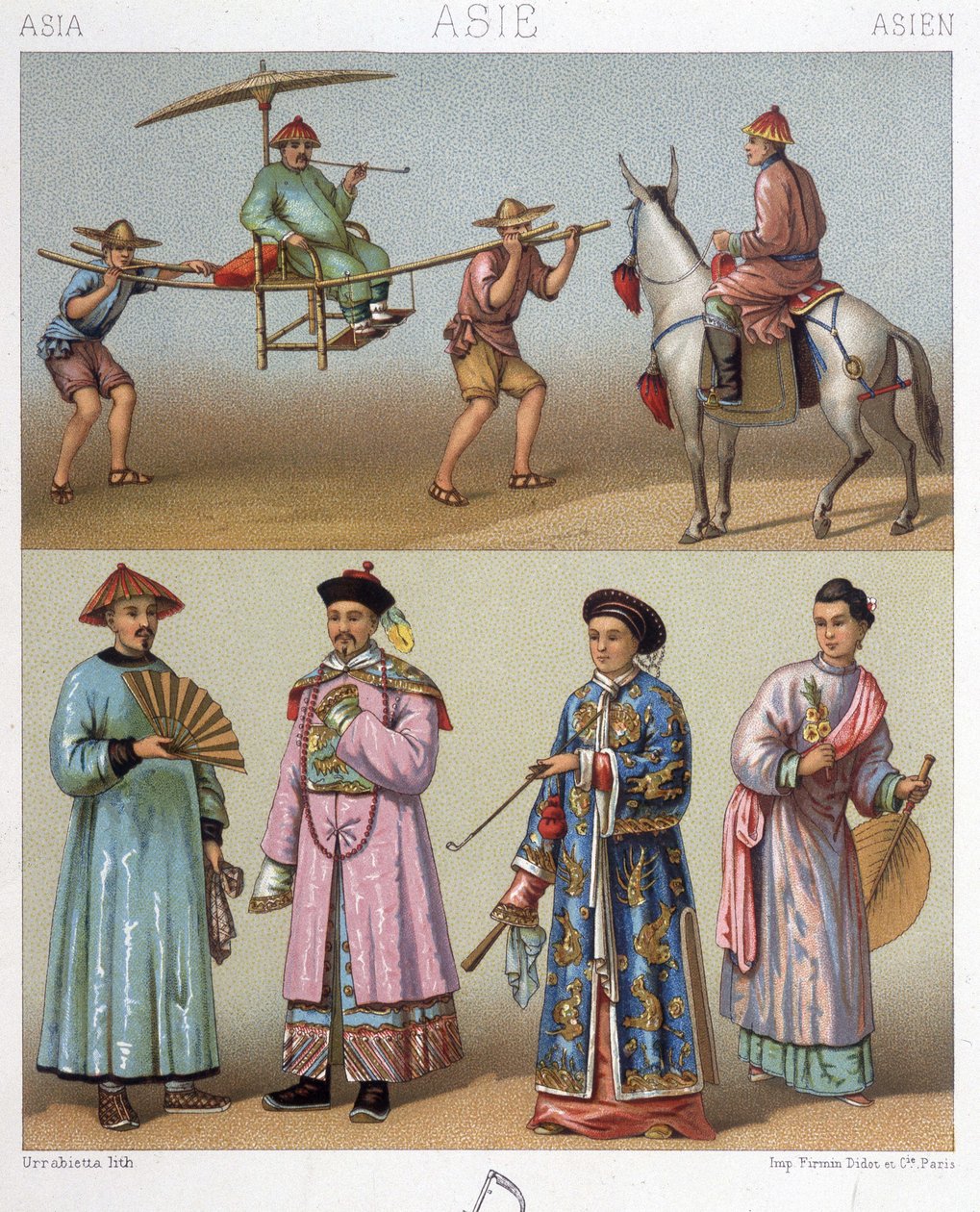 Cadeiras, cavaleiros e figurinos na China - in "Le costume historique" de Racinet de Unknown artist