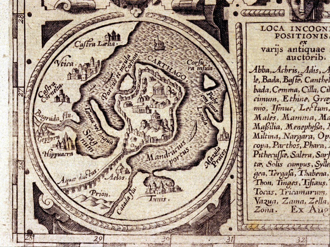 Vista de Cartago do Golfo de Tunes em um atlas histórico do século XVII. de Unknown artist