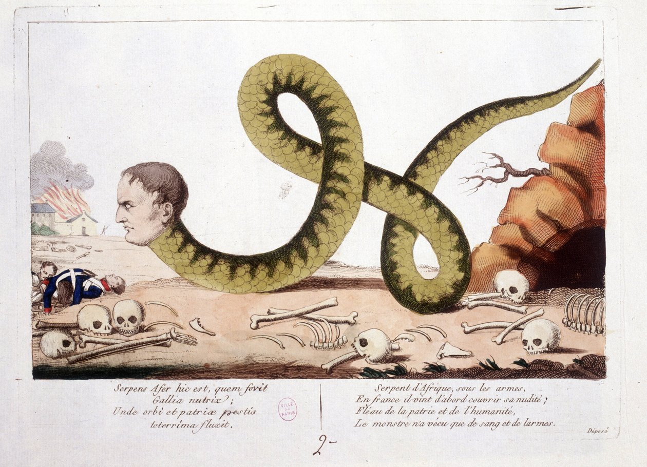 Desenho animado sobre Napoleão que eu representei como uma cobra. Cobra da África sob as armas, na França ele veio primeiro para cobrir a sua nudez; flagelo da pátria e da humanidade, o monstro só vivia com sangue e lágrimas. - em Napoleão I, caricaturas,  de Unknown artist
