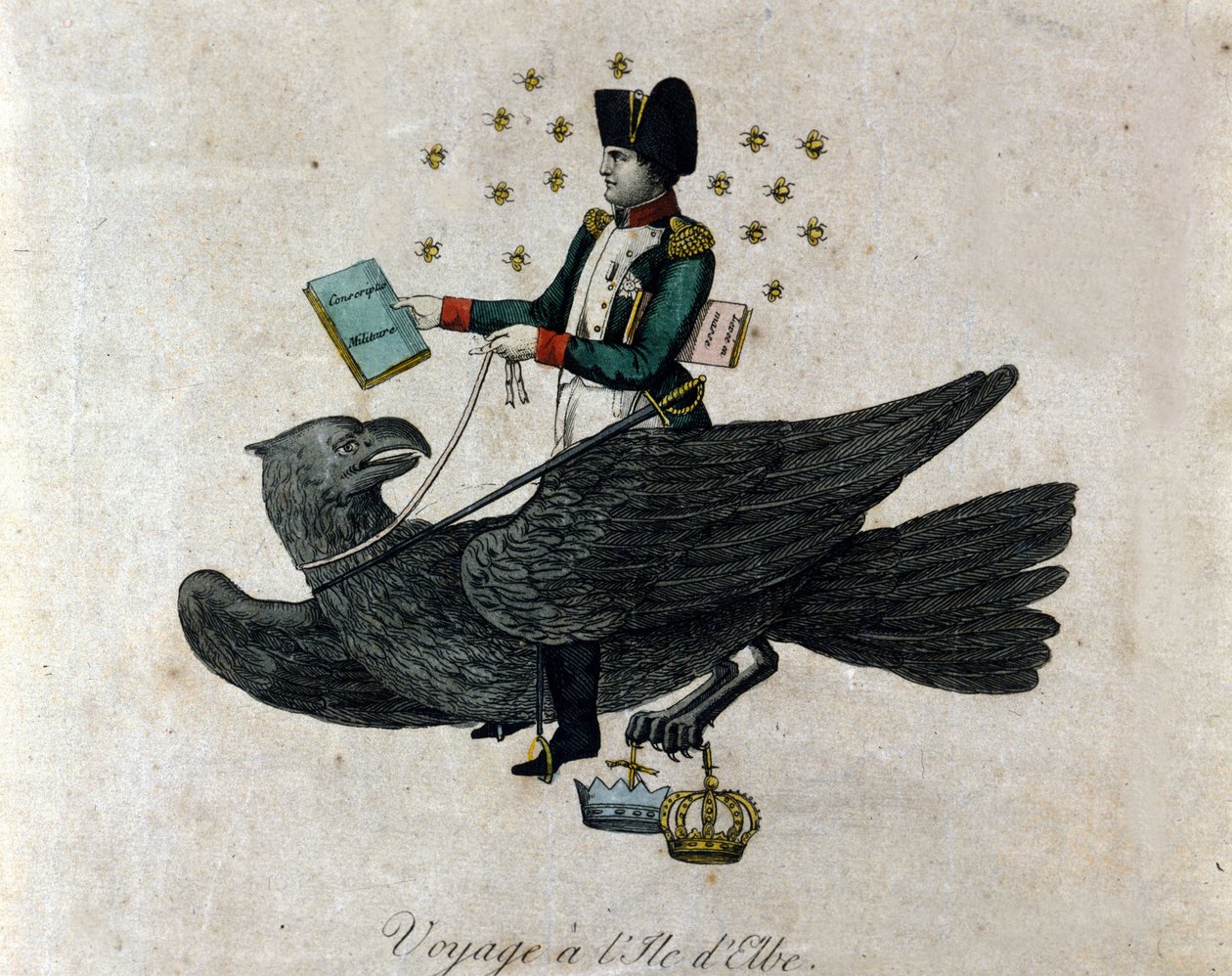 Desenho animado sobre Napoleão sobre o seu exílio na ilha de Elba. Napoleão numa águia segura na mão direita um livro intitulado Military Conscription. Gravura do período. de Unknown artist