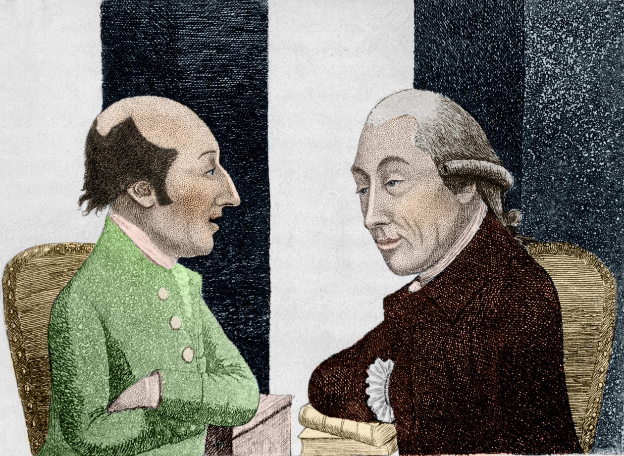 Desenho animado por James Hutton (1726 - 1797) à esquerda e Joseph Black (1728 - 1799) à direita Gravura no início do século XIX de Unknown artist