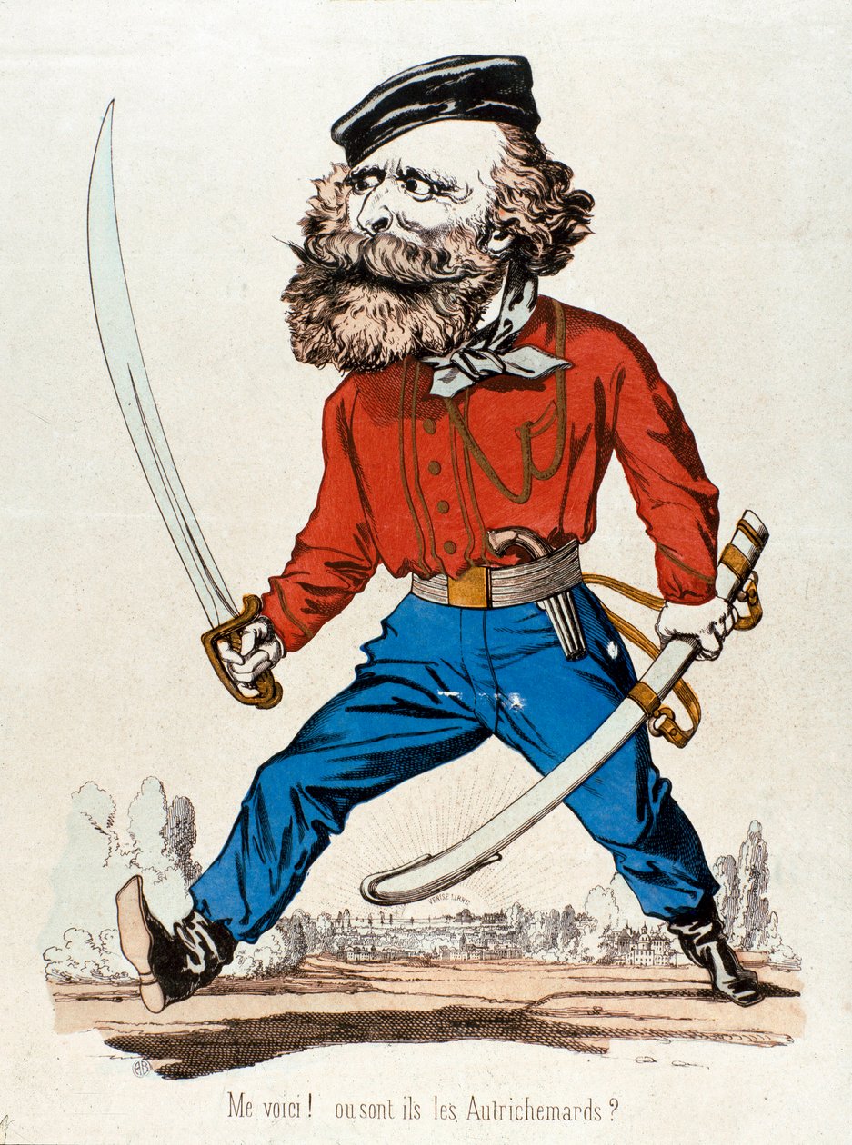Desenho animado com Giuseppe Garibaldi (1807-1882), patriota italiano e heróis do Risorgimento, exclamando "Me voic! ou sont les Austrihemards" Gravura da Coleção Privada do século XIX - Giuseppe Garibaldi (1807-1882), patriota italiano e Riso de Unknown artist