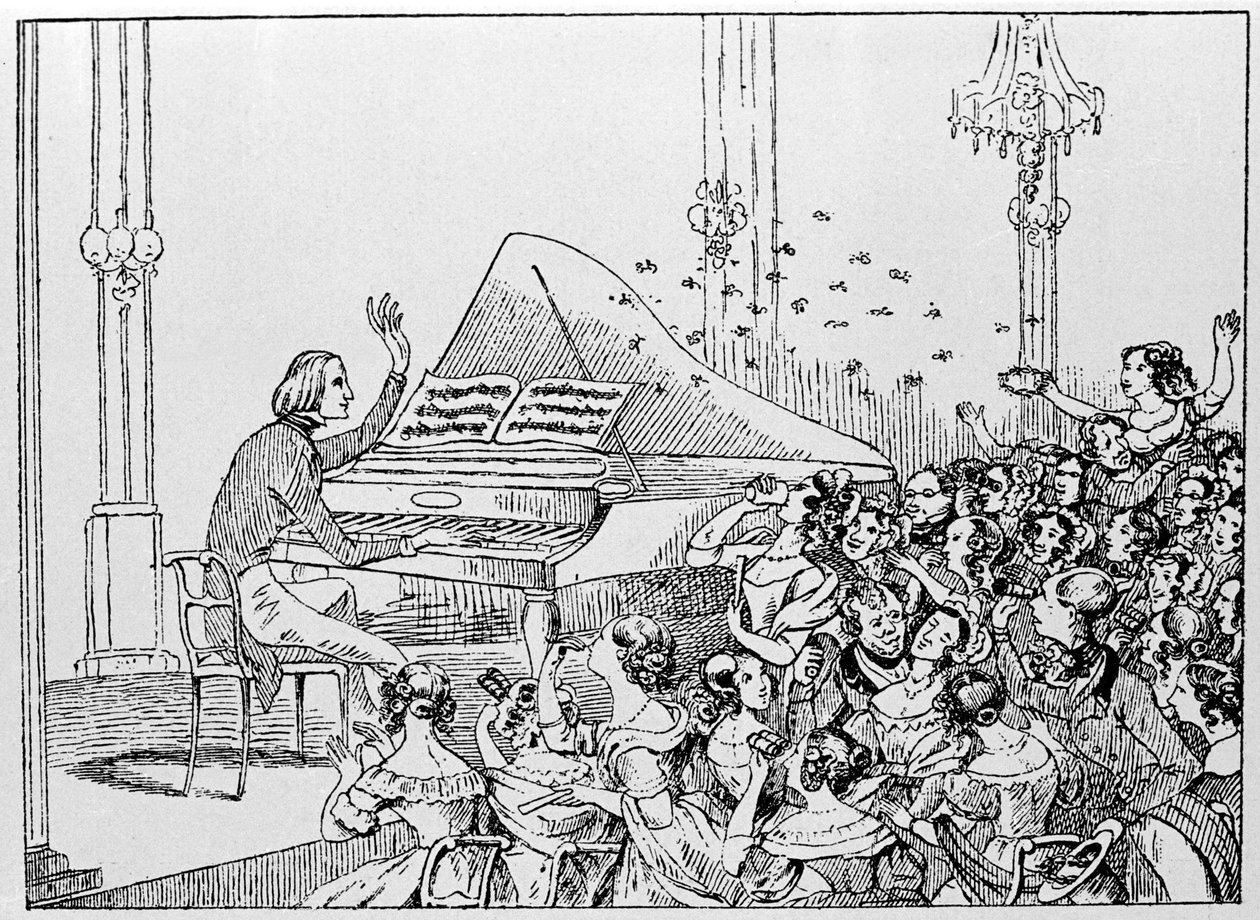 Desenho animado do triunfo de Franz Liszt num concerto em Berlim, em 1842. de Unknown artist