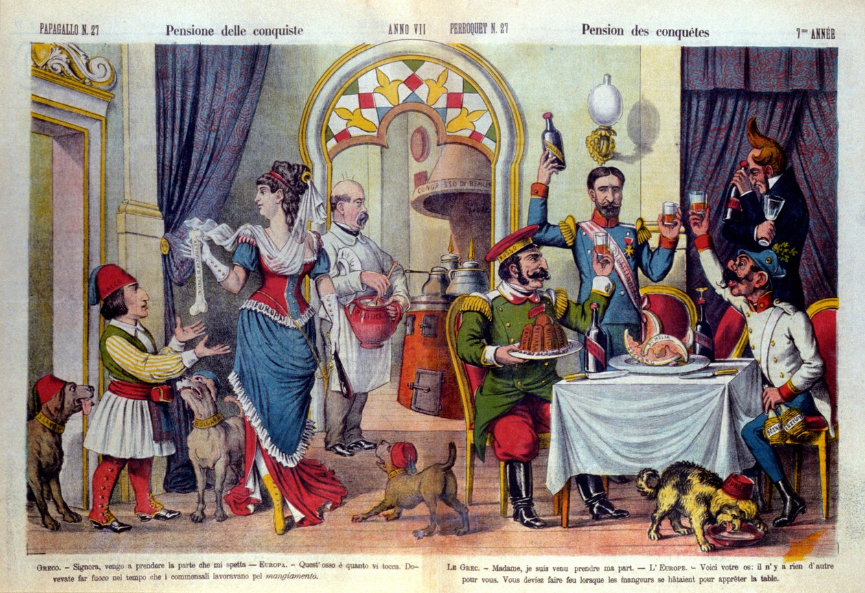 Desenho animado do jornal italiano "Le Parroquet" (il Pappagallo) sobre o Congresso de Berlim (Congresso di Berlino) em 1878 (Conferência Diplomática). O congresso de Berlim foi realizado para rever a injustiça da Rússia em relação à Turquia: Turcos forçad de Unknown artist