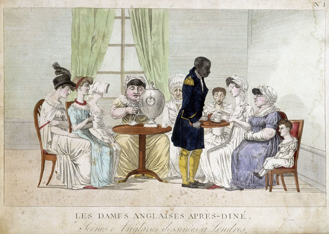 Desenho animado sobre as mulheres burguesas inglesas do século XIX: "Senhoras inglesas depois do jantar". Uma criada negra dá-lhes o chá numa bandeja. de Unknown artist