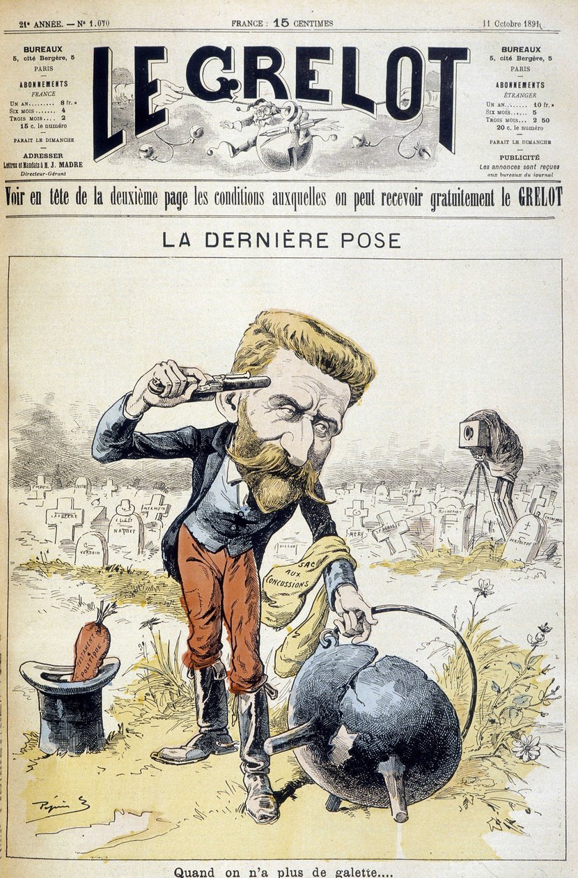 Desenho animado sobre o suicídio do General Boulanger - em "Le Grelot" de 11/10/1891 de Unknown artist