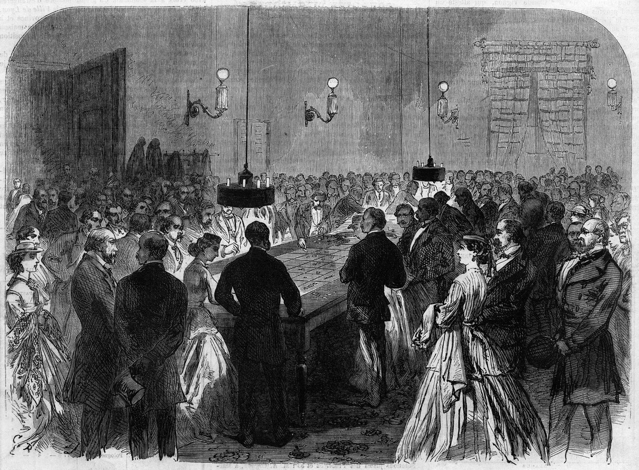 Sala de jogos de casino na Alemanha, numa cidade aquática. Gravura depois da pintura de Hogson Gravura em "O Universo Ilustrado". de Unknown artist