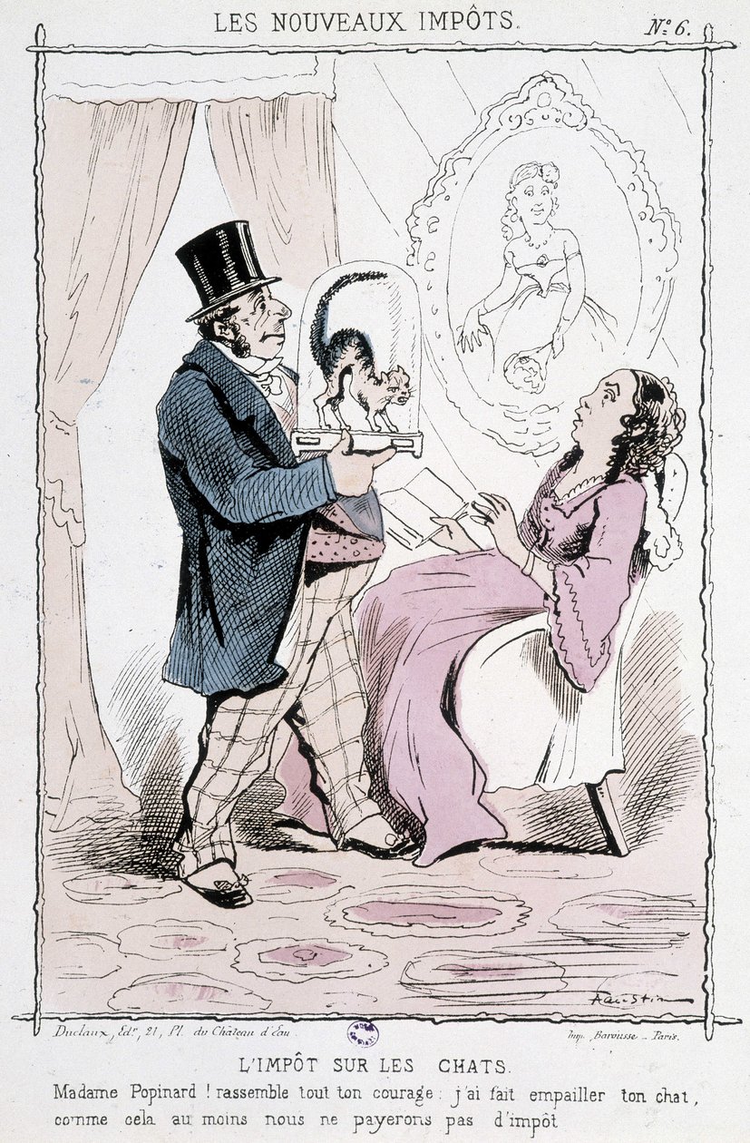 Imposto sobre gatos: "Madame Papinard! Reúna toda a sua coragem. Eu fiz o seu gato recheado, pelo menos não vamos pagar imposto" - caricatura de Unknown artist