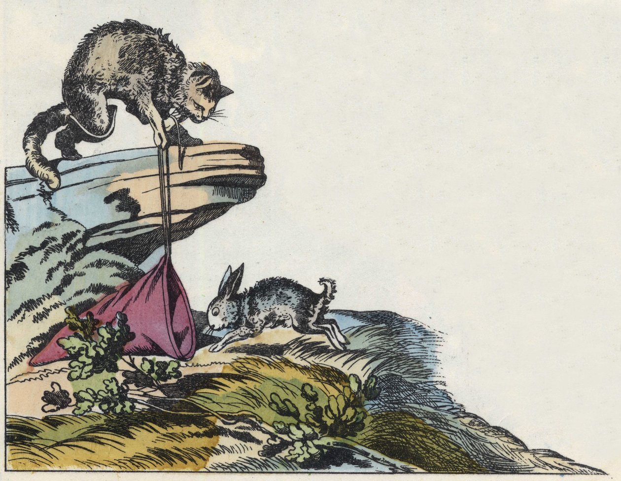 O gato prende um coelho. Ilustração do conto "The cat botte", de Charles Perrault de Unknown artist