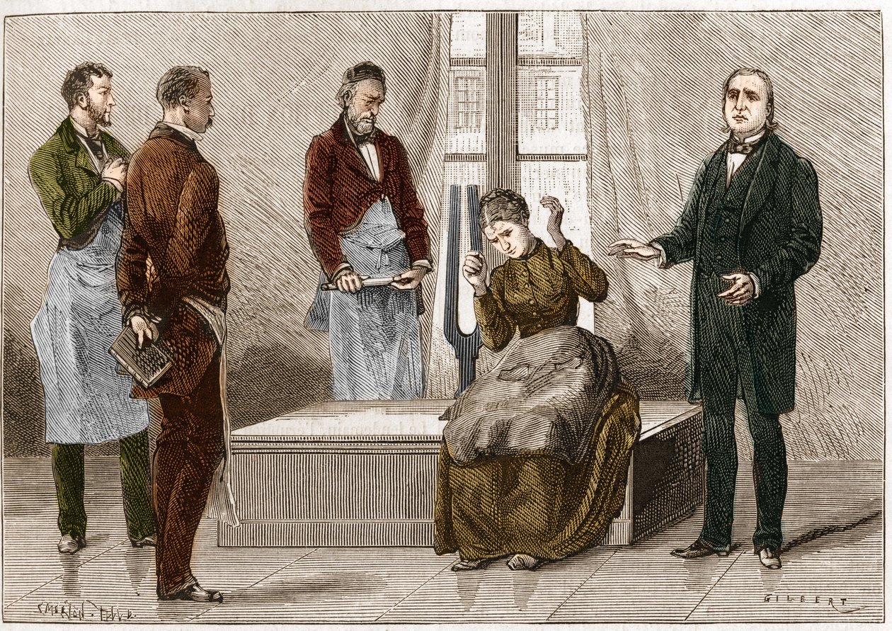 Catalepsy produzida sob a influência do som (Diapason). O neurologista francês Jean Martin Charcot (1825-1893) (à direita) demonstra hipnose em um paciente no hospital de Salpetriere. Ilustração tirada da "Natureza" 1879 de Unknown artist