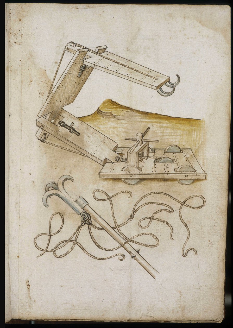 Catapulta e sistema de gancho - Manuscrito: folha de pergaminho de um manual de engenharia para a construção de edifícios civis, religiosos e militares, anónimo, final do século XV (figura em tinta chinesa) de Unknown artist