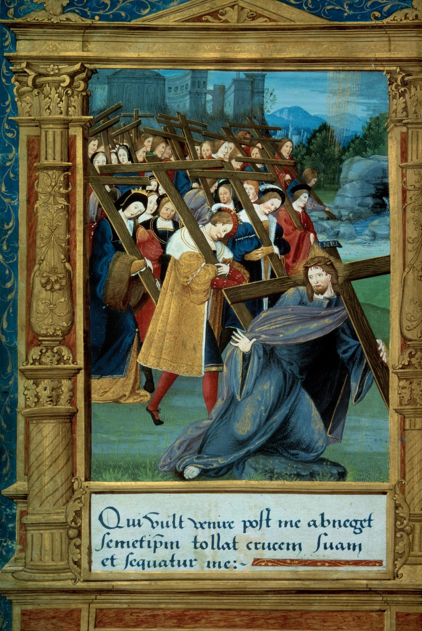 Catecismo: Cristo carregando a sua cruz. Página manuscrita "Instrução iniciática na religião cristã para crianças" atribuída a Johannes Brenz (1498-1570) dedicada a Marguerite d