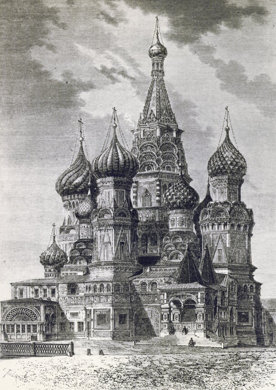 Catedral de Protecção da Santíssima Theotokos no Moat ou Catedral de São Basílio na Praça Vermelha em Moscovo, Rússia, gravada a partir da Rússia Livre de Unknown artist