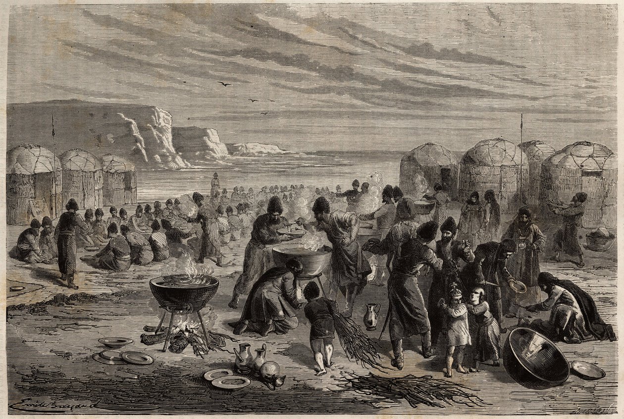 Cauda-yoli (cauda yoli), a festa religiosa turcomana anual, para rezar pela proteção de Deus para a família e a cauda, organizada por uma família, que para a ocasião pode sacrificar cerca de quinze ovelhas, e para a qual toda a comunidade é convidada. Engr de Unknown artist
