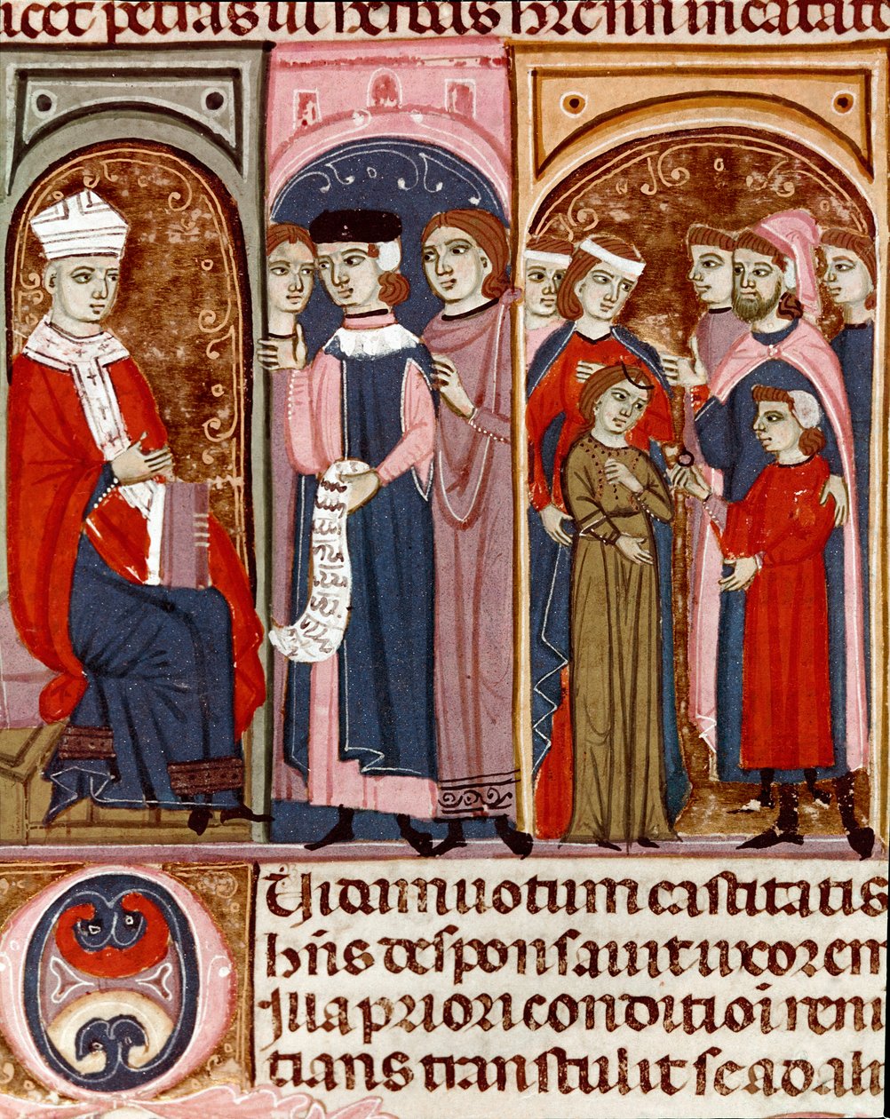 Celebração de um casamento em miniatura do Código Justiniano (Codex Justinianus), uma coleção de leis e instituições redigidas sob o Imperador Romano Justiniano I de Bizâncio (483-565) de Unknown artist