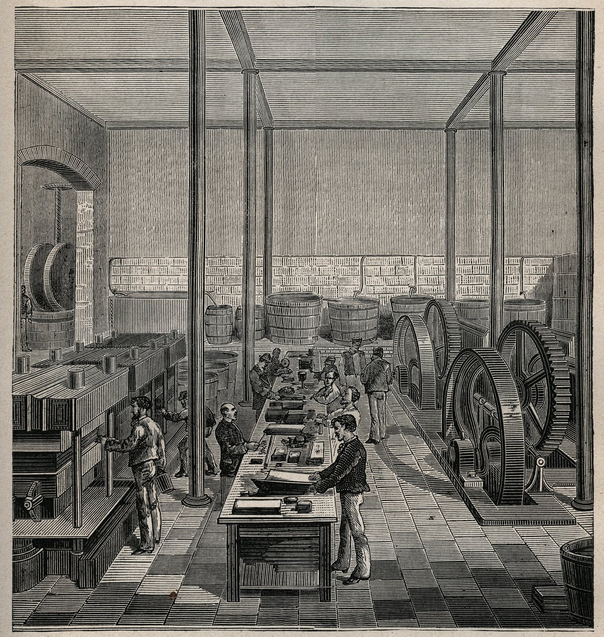 Celluloid: fabricação de celuloides. Gravura de 1885 em "Les arts et metiers illustres" de Adolphe BITARD. de Unknown artist