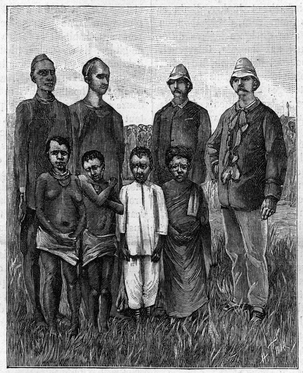 Aos pigmeus da África Central juntaram-se oficiais ingleses e sudaneses. (A partir de uma fotografia). Gravura em "La Nature: Revue des sciences et de leurs applications aux arts et a l