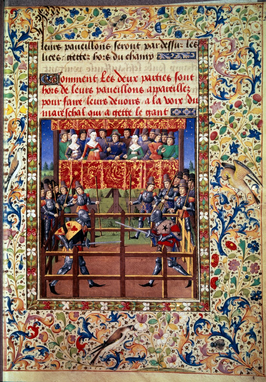Cerimónias e ordenanças como penhor de batalha: duelo em campo fechado entre dois cavaleiros Miniatura de um manuscrito de Jean de Rolin (século XV) 1460 Paris, B.N. de Unknown artist