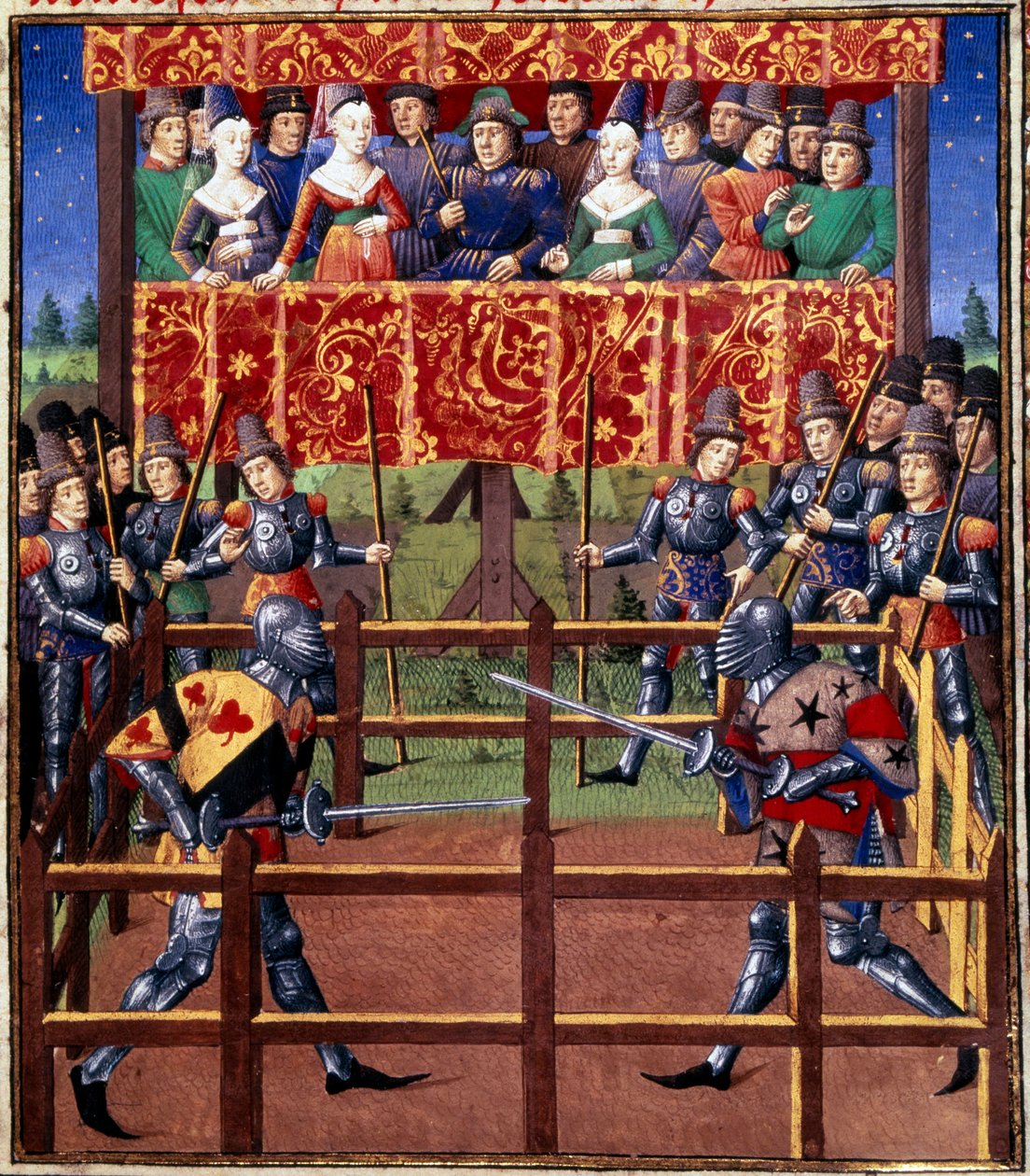 Cerimónias e ordenanças como penhor de batalha: duelo em campo fechado entre dois cavaleiros Miniatura de um manuscrito de Jean de Rolin (século XV) 1460 Paris, B.N. de Unknown artist