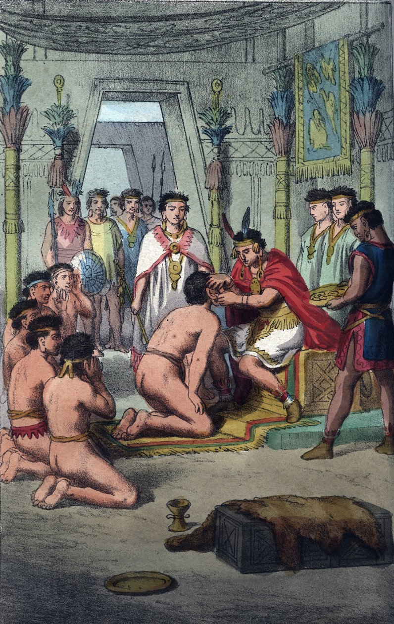Cerimônia na Capital Inca de Cuzco: Manco Capac (Ayar Manco) confere distinção aos Príncipes do Sangue por furar os ouvidos - gravura de "Usi e Costumi di Tutti i Popoli dell