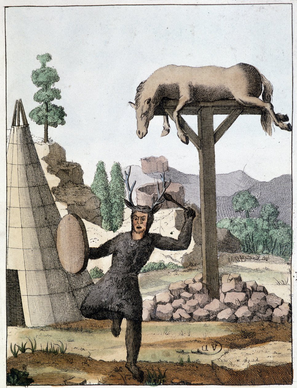 Chaman tonguse dançando em frente a um enterro (Sibéria) - gravura, deb. Século XIX de Unknown artist