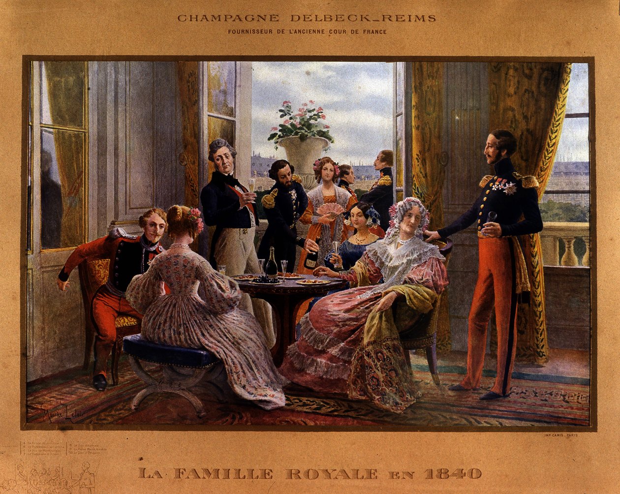 Champanhe servido na mesa real em 1840 - Cartaz publicitário para o champanhe Delbeck "Fornecedor da antiga corte da França", finais do século XIX de Unknown artist