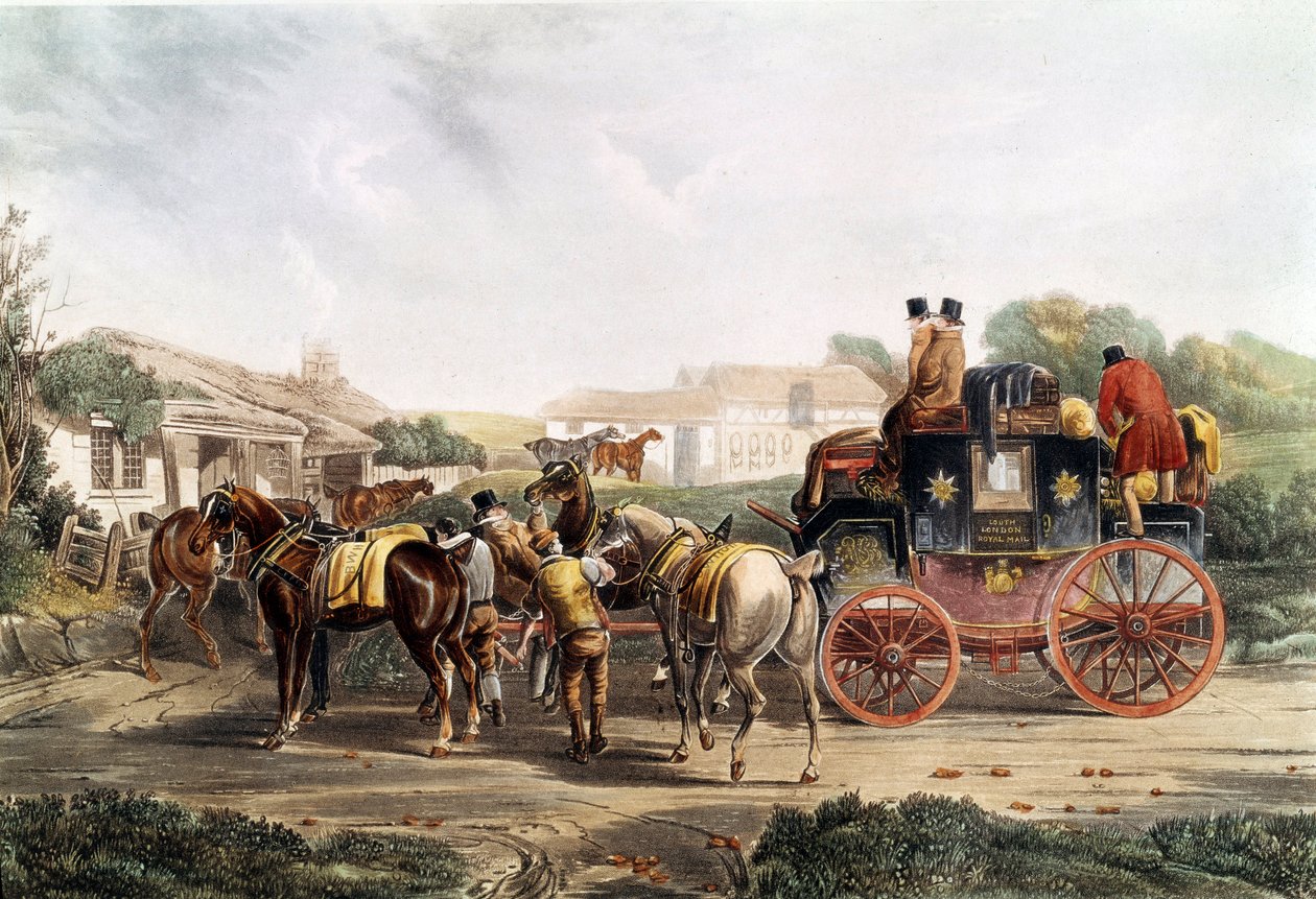 Mudança de engate na pousada durante uma viagem de ônibus. Gravação em inglês. Colecção privada do século XIX de Unknown artist