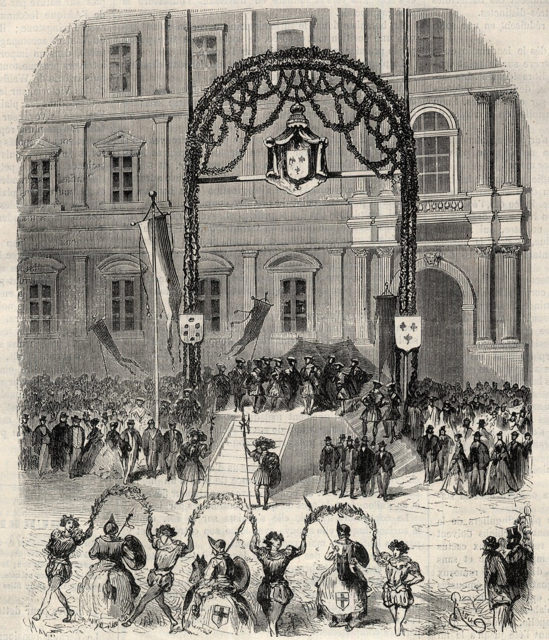 Festas de caridade em Marselha comemorando a chegada de François I onde conheceu o Papa Clemente VII: farandole dansee place saint Ferreol (Saint-Ferreol) diante da tribuna grande do Rei François I. Gravura em "L