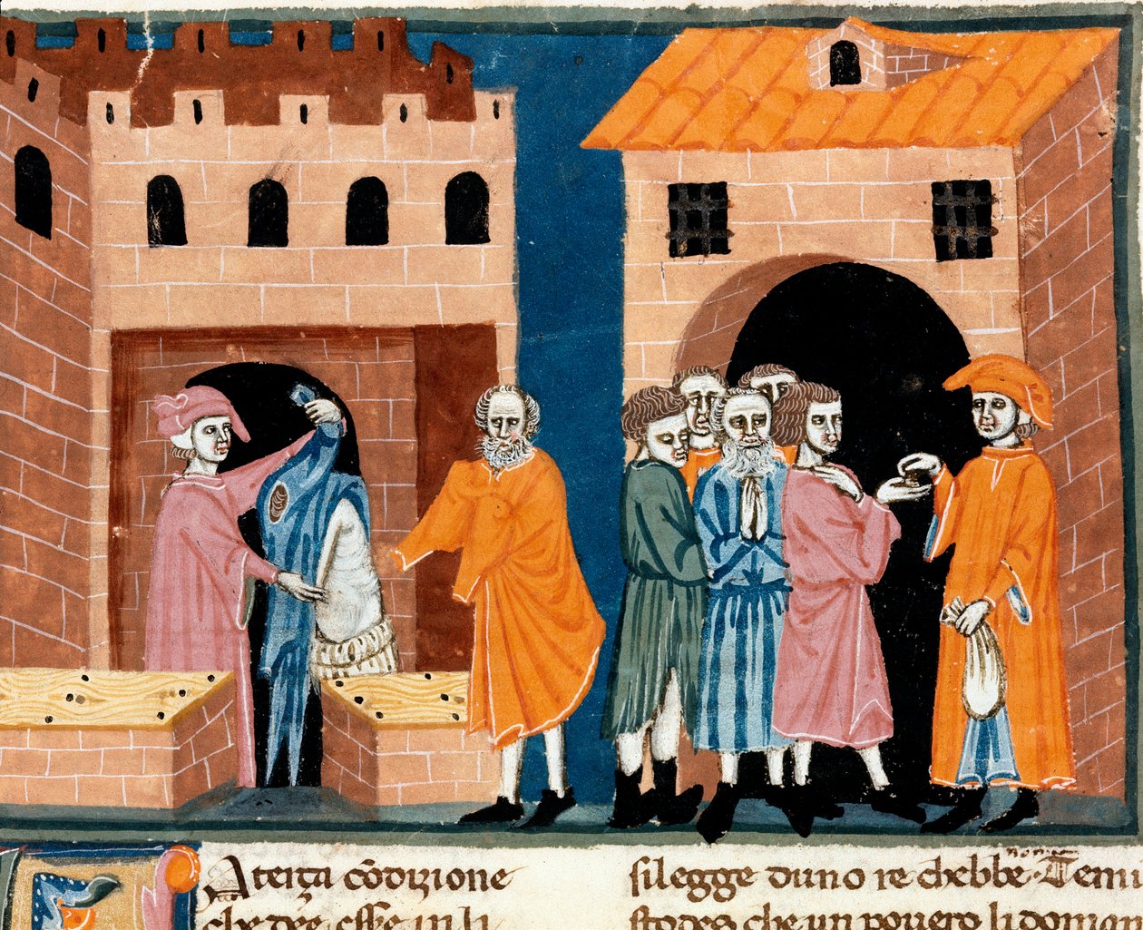 Caridade na Idade Média: "assistência pública". Cena da caridade e da assistência aos pobres. Miniatura da escola florentina tirada da tradução italiana do "Pater noster" do notário florentino Ser Zucchero Bencivenni, início do 14º ano. de Unknown artist
