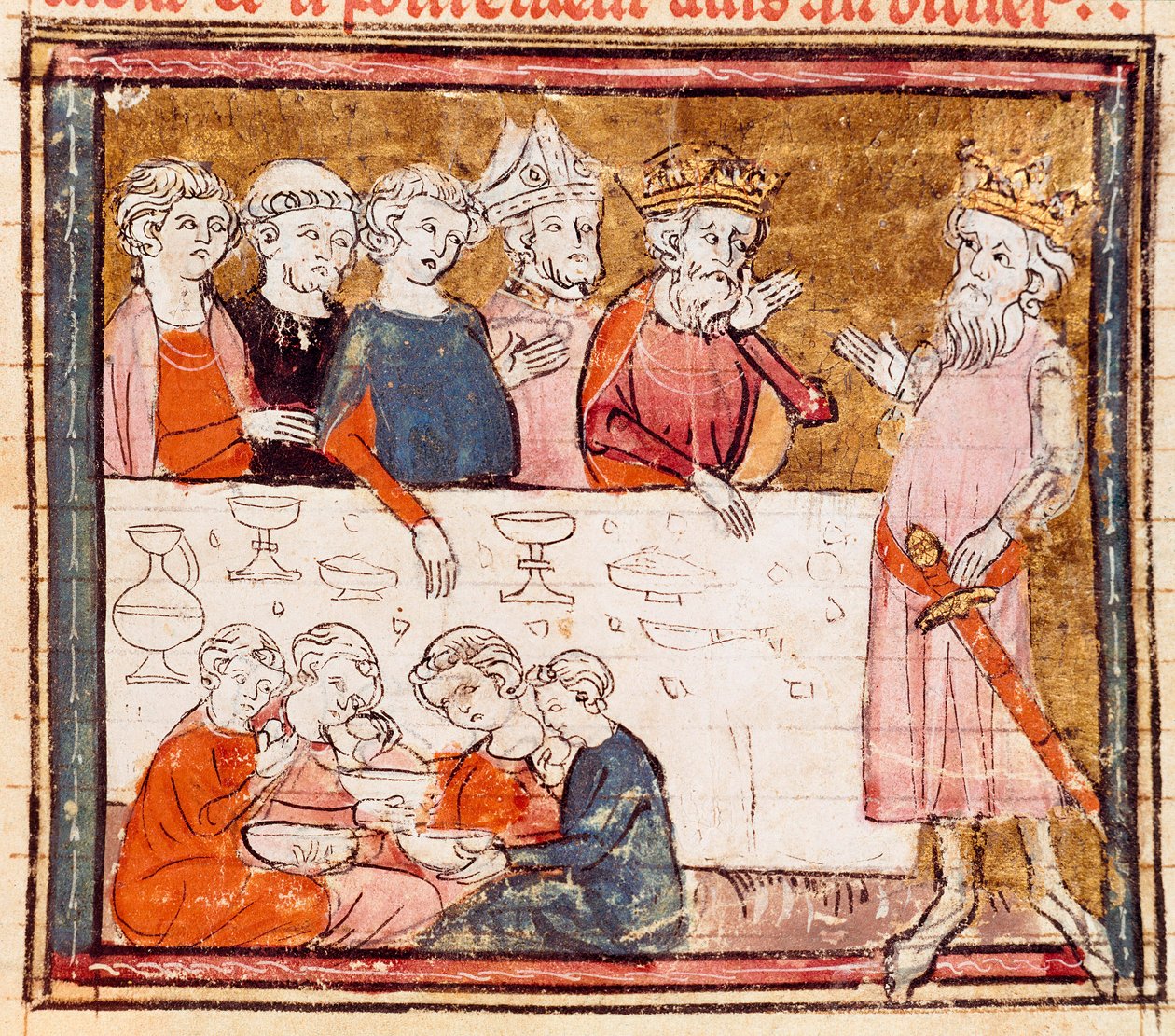 Carlos Magno (742-814) e seu sobrinho, o cavaleiro Roland, num banquete onde o pobre Miniatur de "Grandes Crônicas da França" 1375-1379 Biblioteca Municipal, Castres de Unknown artist